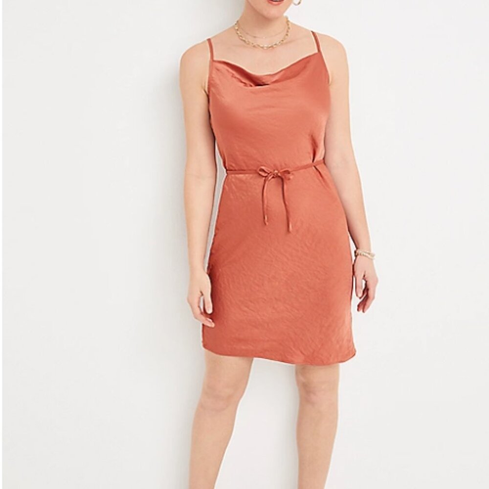 NWT Maurices Copper Drape Neck Mini Dress Waist Tie Spaghetti Women's Size Large